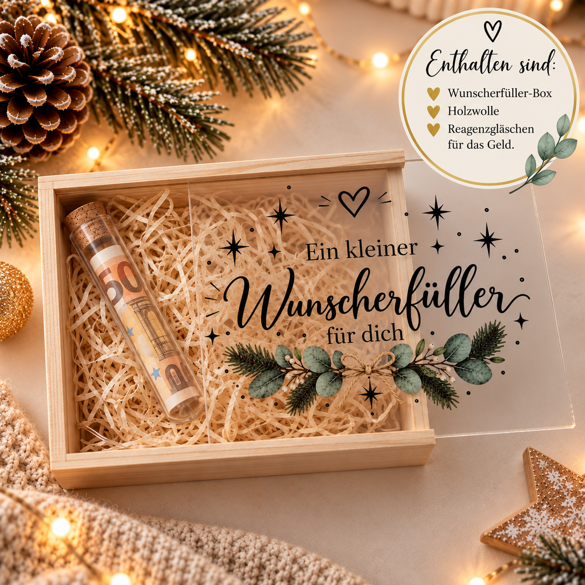 Wunscherfüller Holzkiste mit Glasröhrchen und Holzwolle