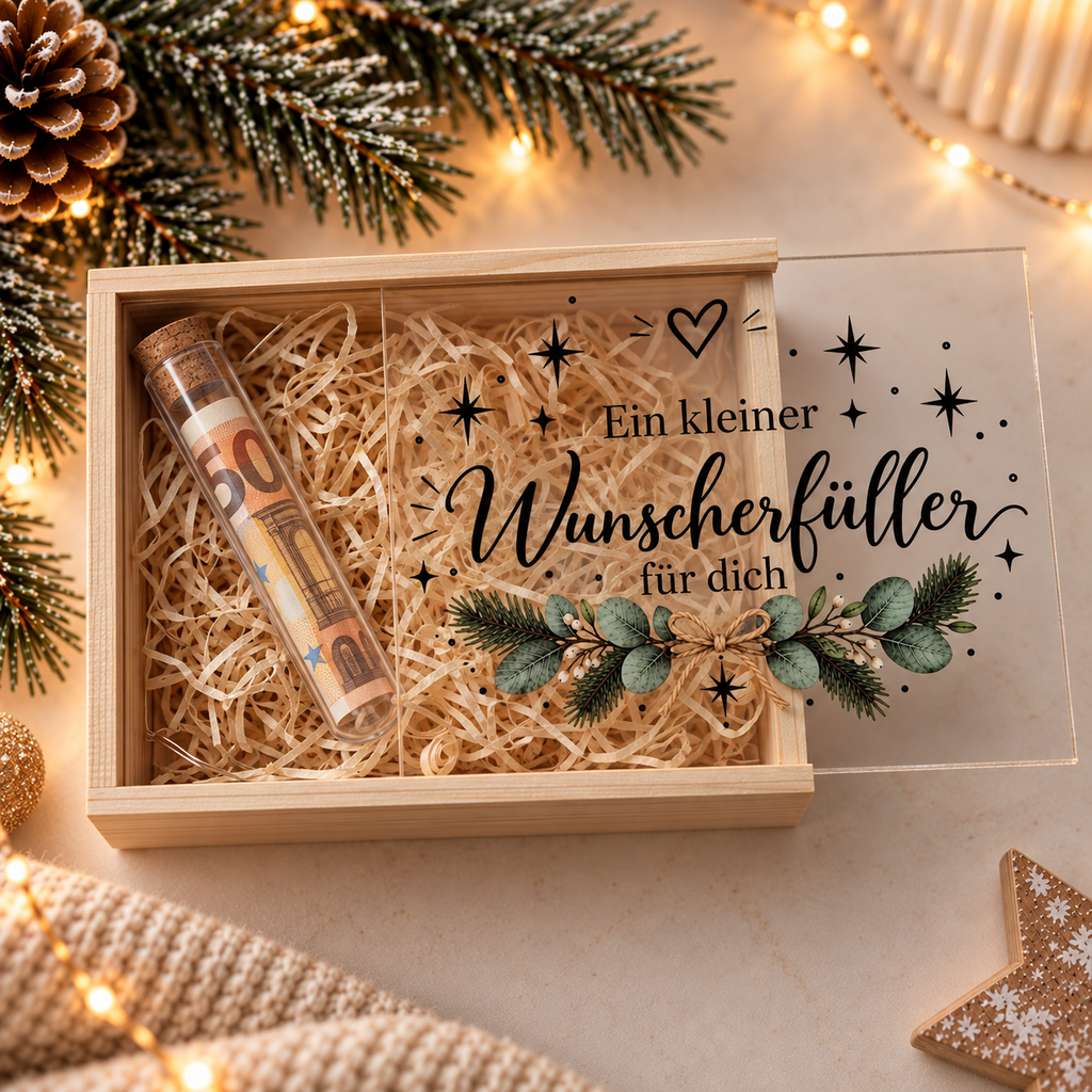 Geldgeschenk zu Weihnachten: Wunscherfüller in Holzkiste