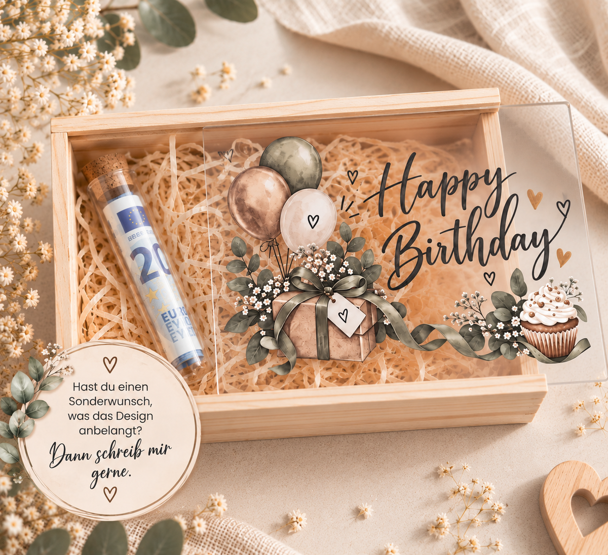 Geldgeschenk zum Geburtstag: Holzbox mit Reagenzglas
