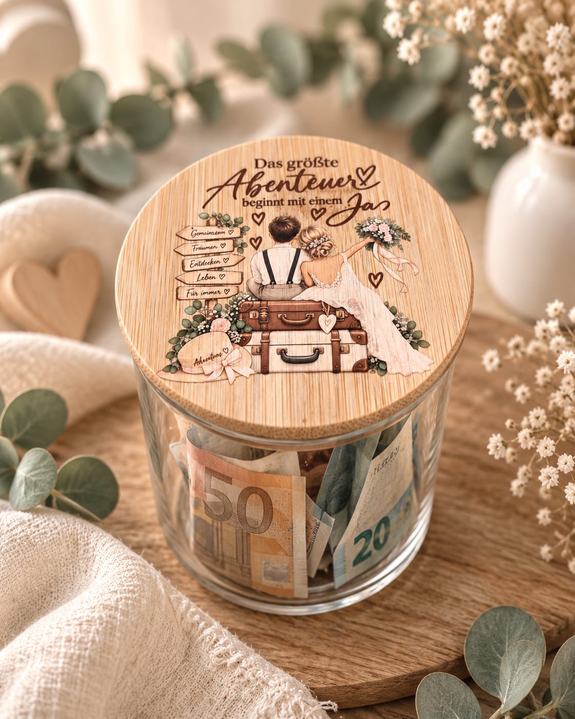 Hochzeitsgeschenk Glas Motiv Brautpaar auf Koffern