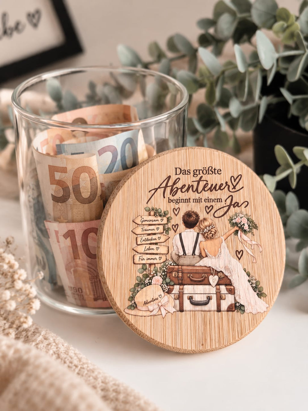 Geldgeschenk zur Hochzeit im Glas mit Holzdeckel