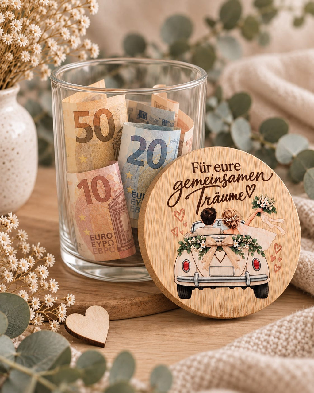 Hochzeitsgeschenk Glas Motiv Brautpaar im Auto