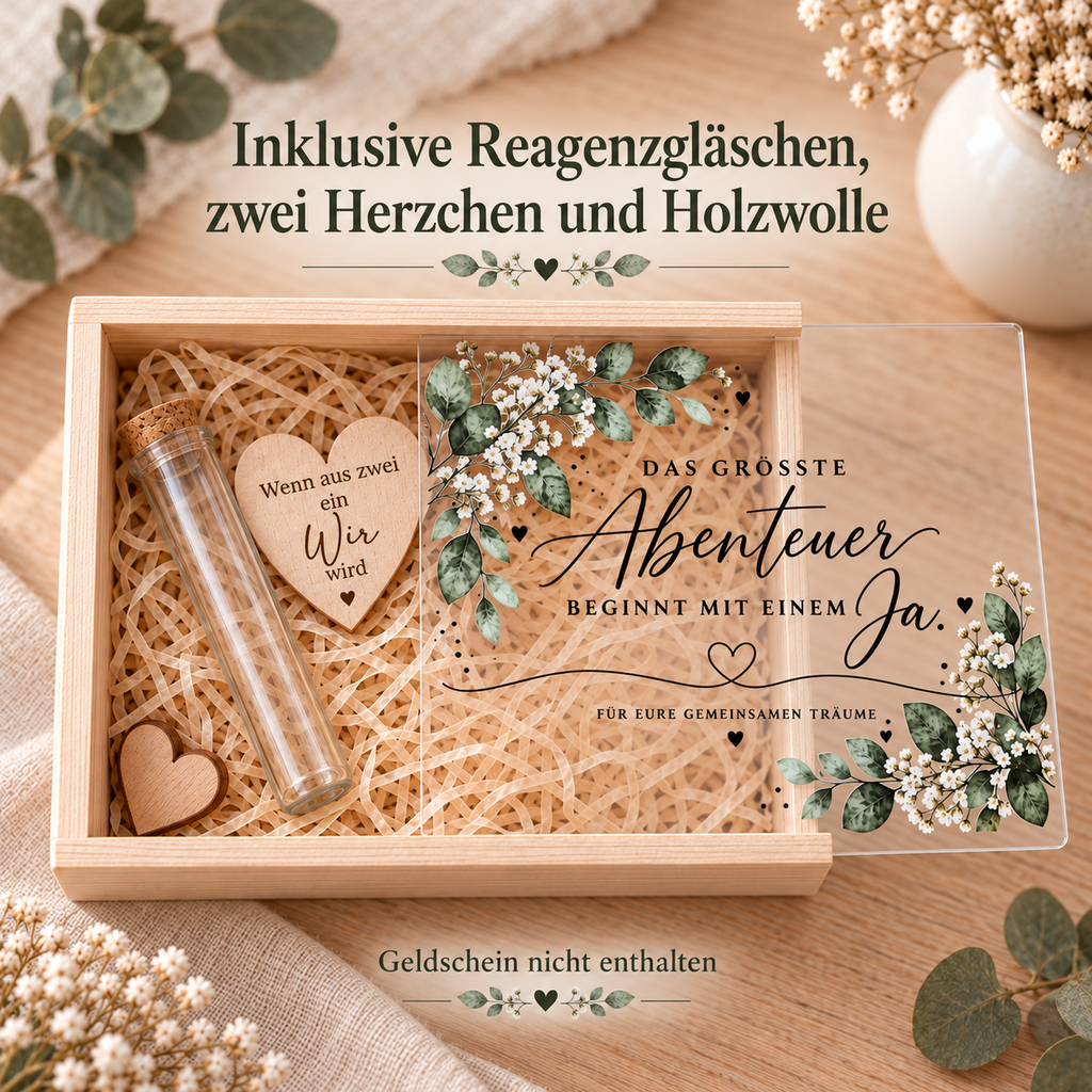 Hochzeit Geldgeschenk Holzbox mit floralem Schiebedeckel