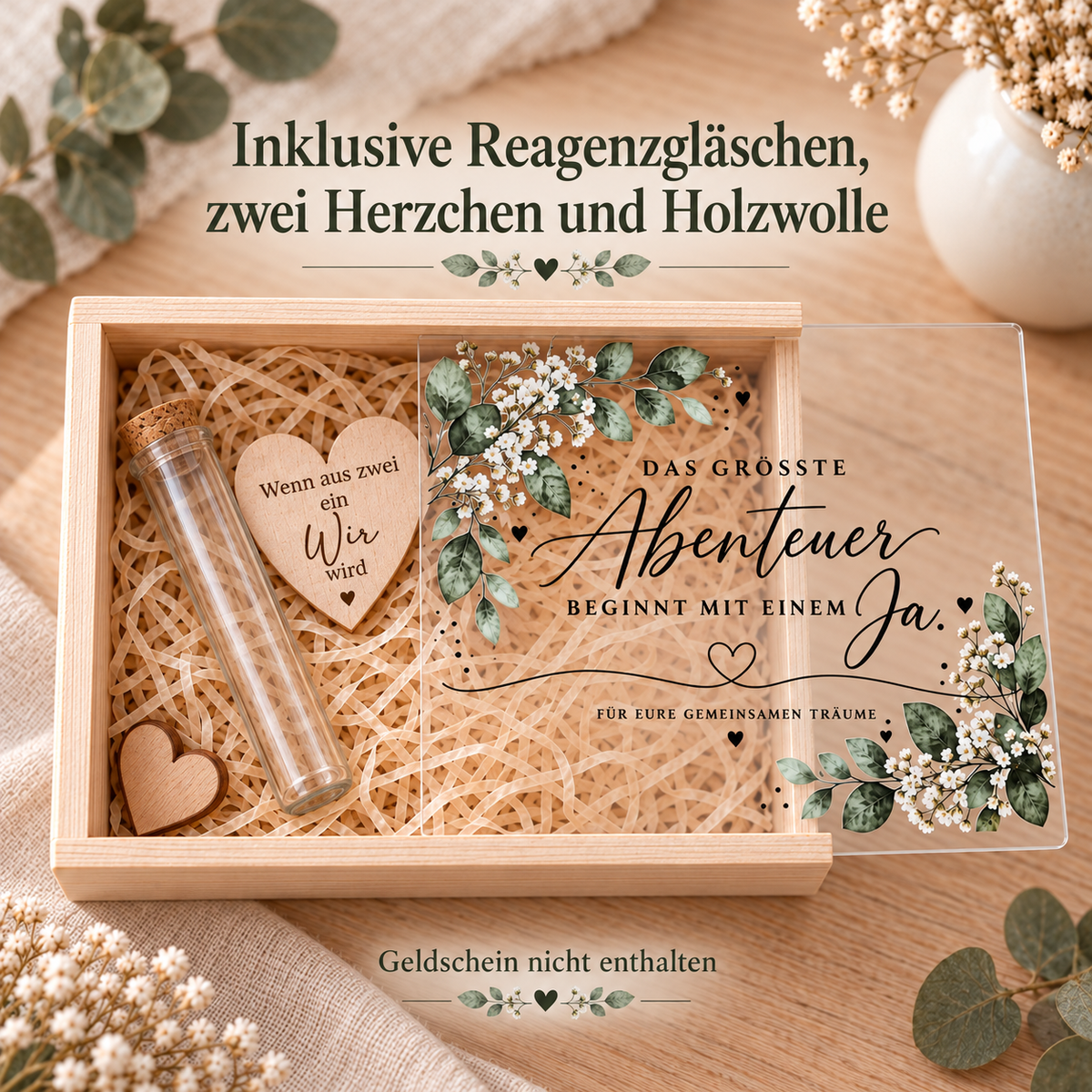 Hochzeit Geldgeschenk Holzbox mit floralem Schiebedeckel