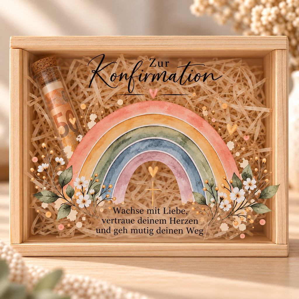 Geldgeschenk zur Konfirmation in Holzbox mit Regenbogen und Spruch