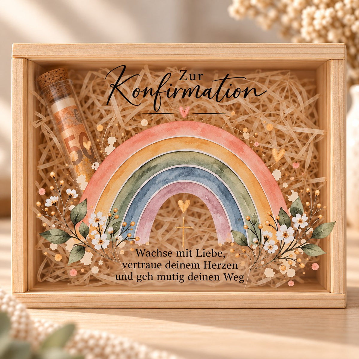 Geldgeschenk zur Konfirmation in Holzbox mit Regenbogen und Spruch