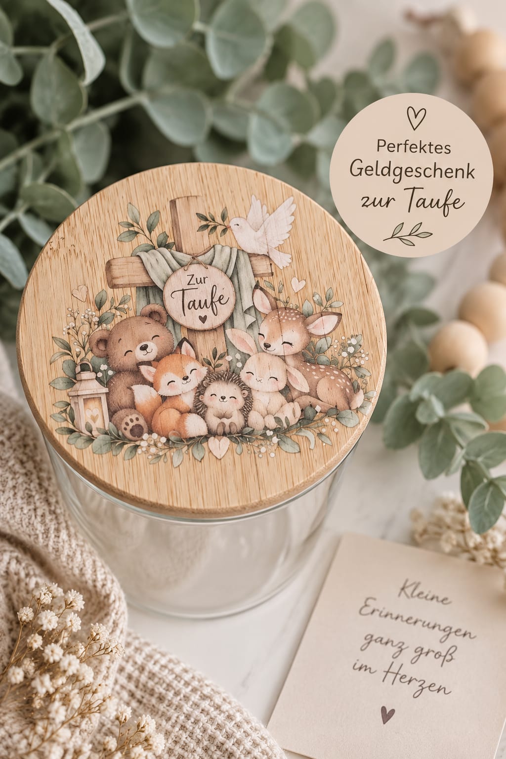 Taufgeschenk Glas Motiv Mond und Tiere