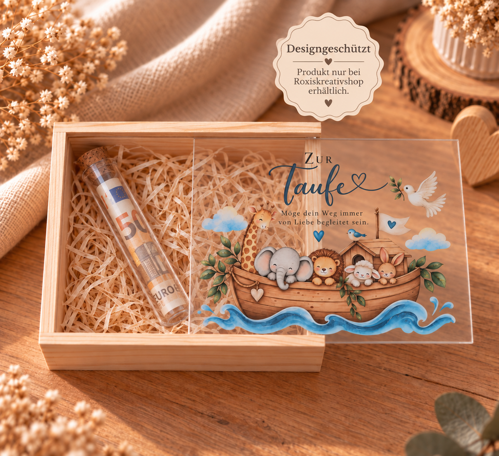 Geldgeschenk zur Taufe in Holzkiste mit Arche Noah und Geldröhrchen