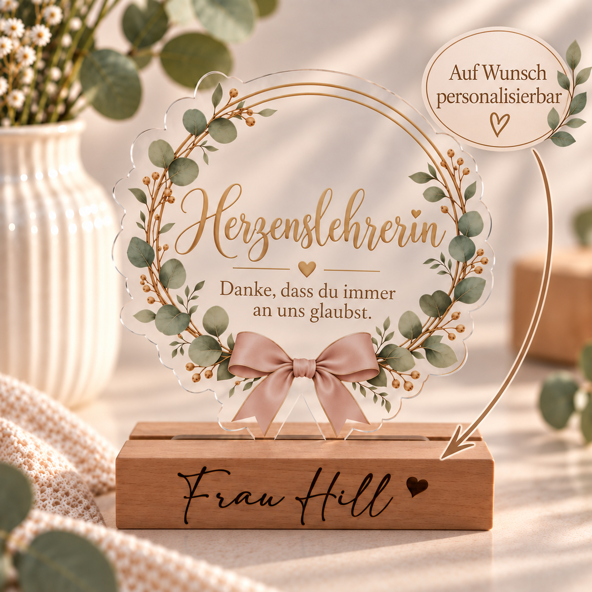 Geschenk für die Lehrerin: Herzenslehrerin-Award aus Acryl mit Holzsockel