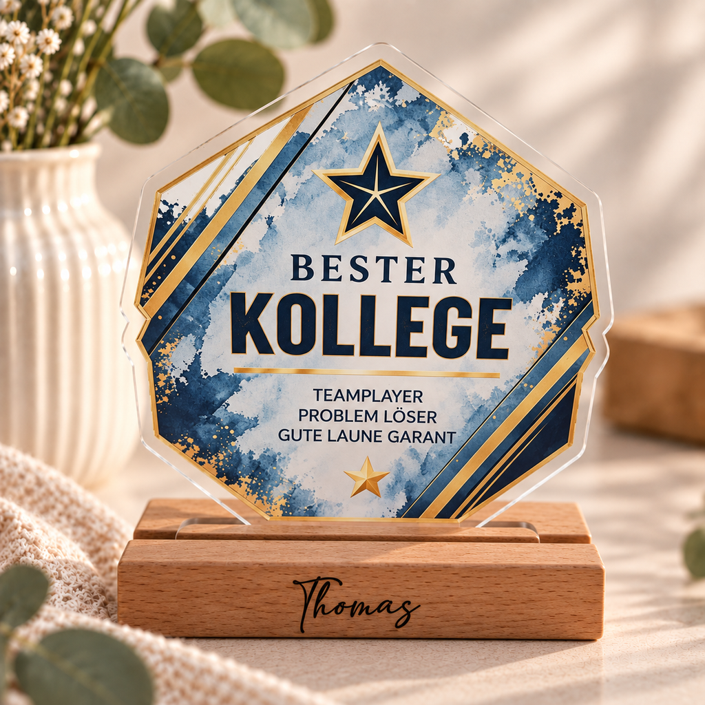 Award für Kollegin mit Namen auf dem Holzsockel