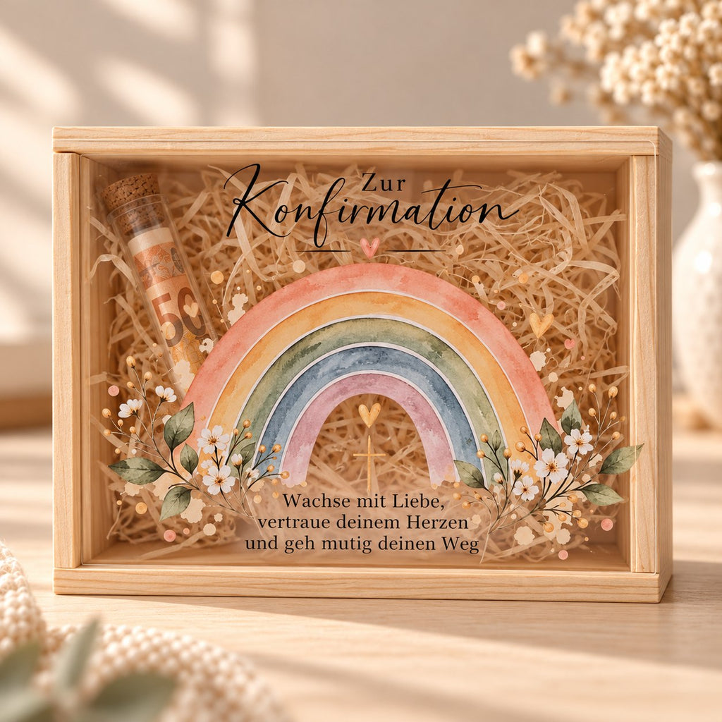 Geschenk zur Konfirmation: Holzbox mit Spruch Wachse mit Liebe