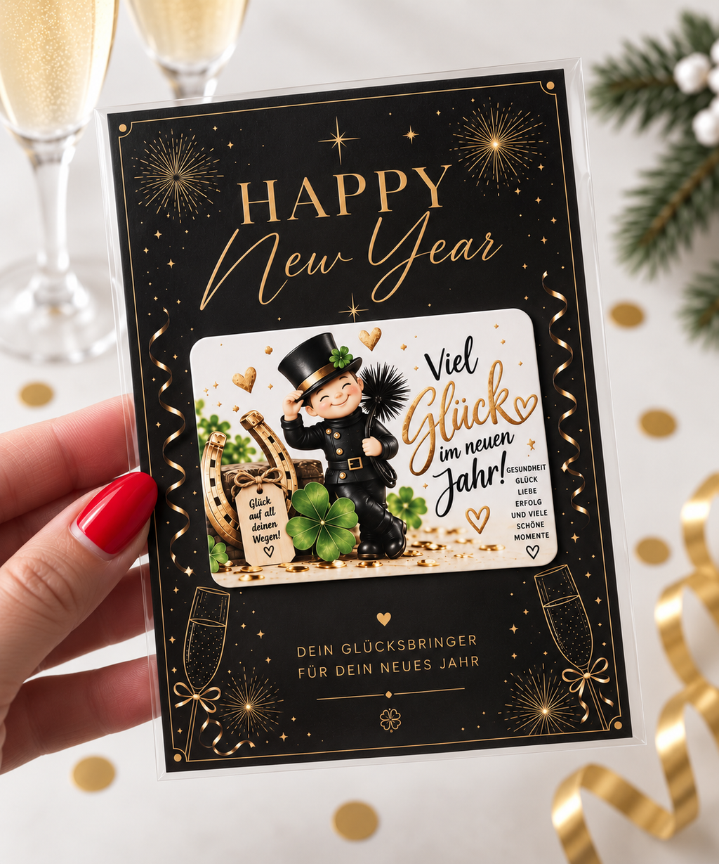 Kleines Neujahrsgeschenk mit Glücksschwein, Marienkäfer und Schornsteinfeger