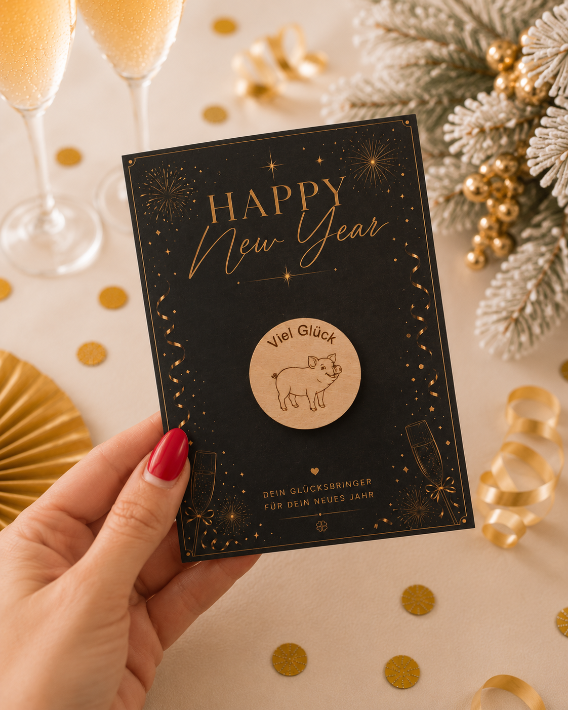 Schwarze Silvesterkarte Happy New Year mit rundem Holz-Glücksschwein Viel Glück