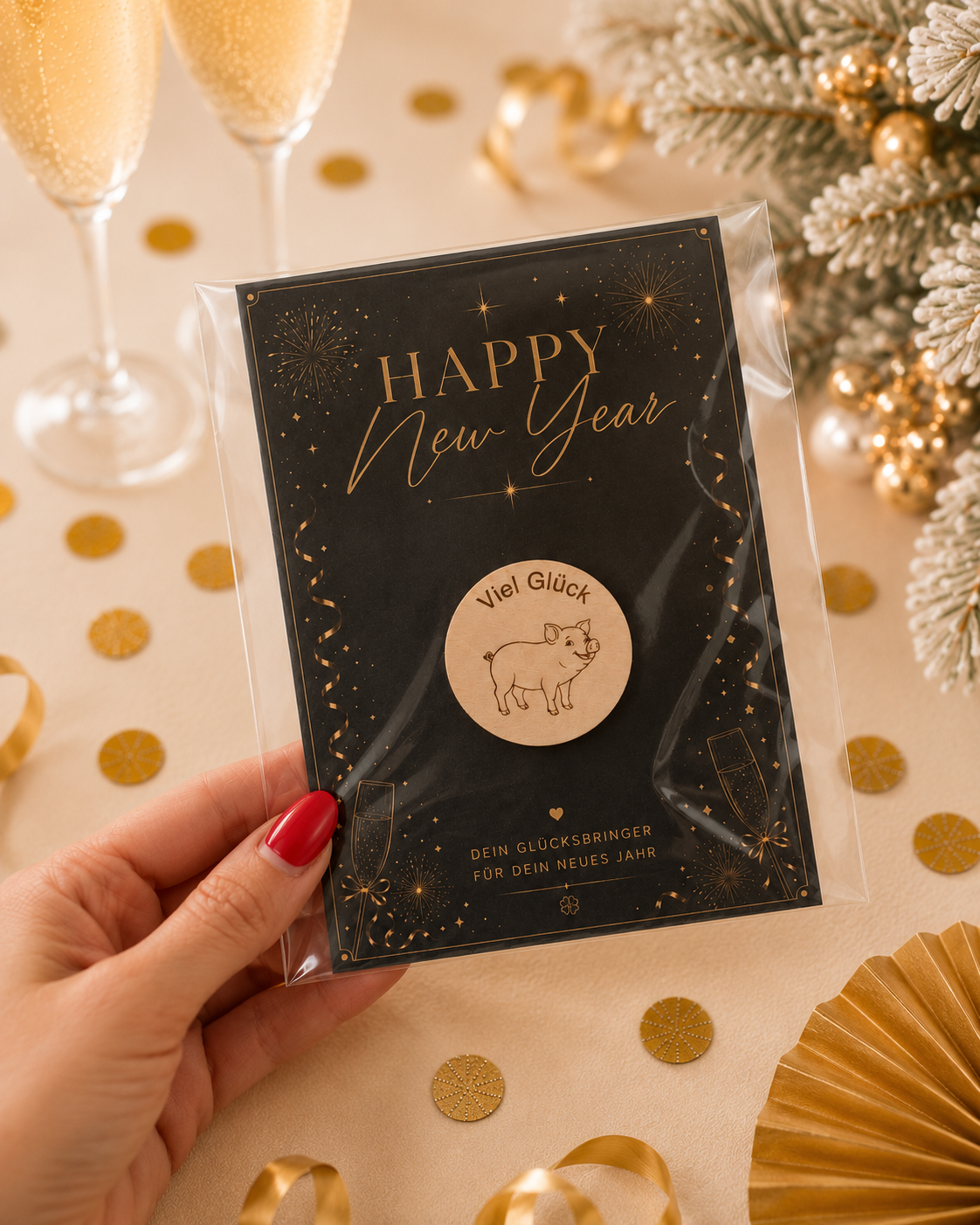 Schwarze Happy New Year Karte mit Holz-Glücksschwein als Silvester-Gastgeschenk