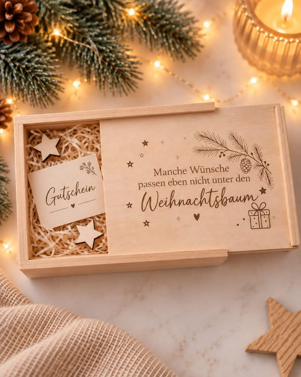 Gutschein zu Weihnachten originell verpacken: Holzkiste mit Gutscheinkarte, Holzwolle und Holzsternen