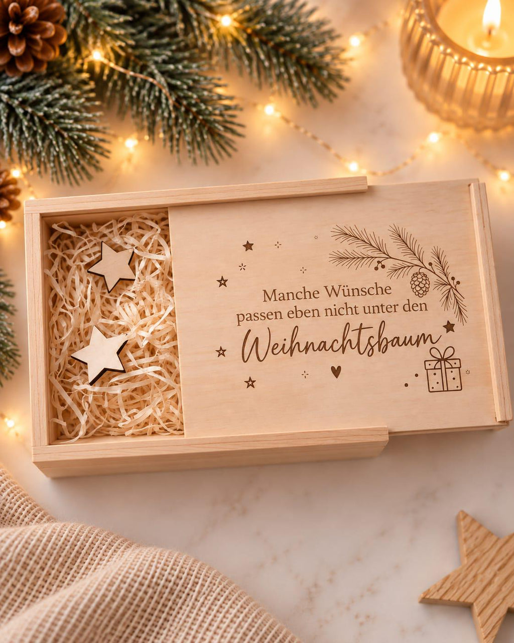 Geöffnete Holzkiste Weihnachtsbaum mit Holzwolle und drei Holzsternen