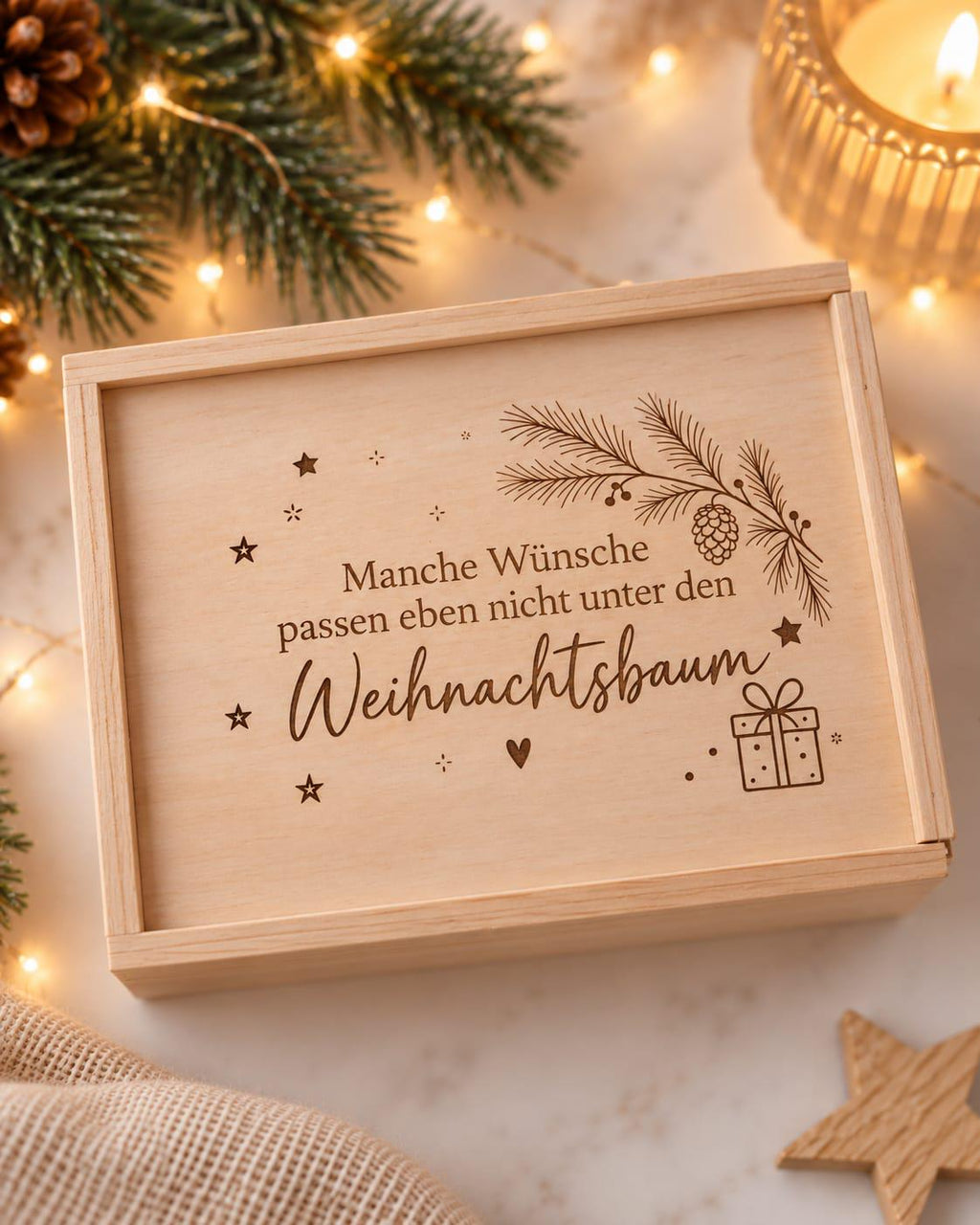 Geschlossene Holzkiste mit Gravur Manche Wünsche passen eben nicht unter den Weihnachtsbaum