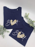 JGA T-Shirts „Braut“ und „Team Braut“ mit Herz in Goldglitzer in Blau