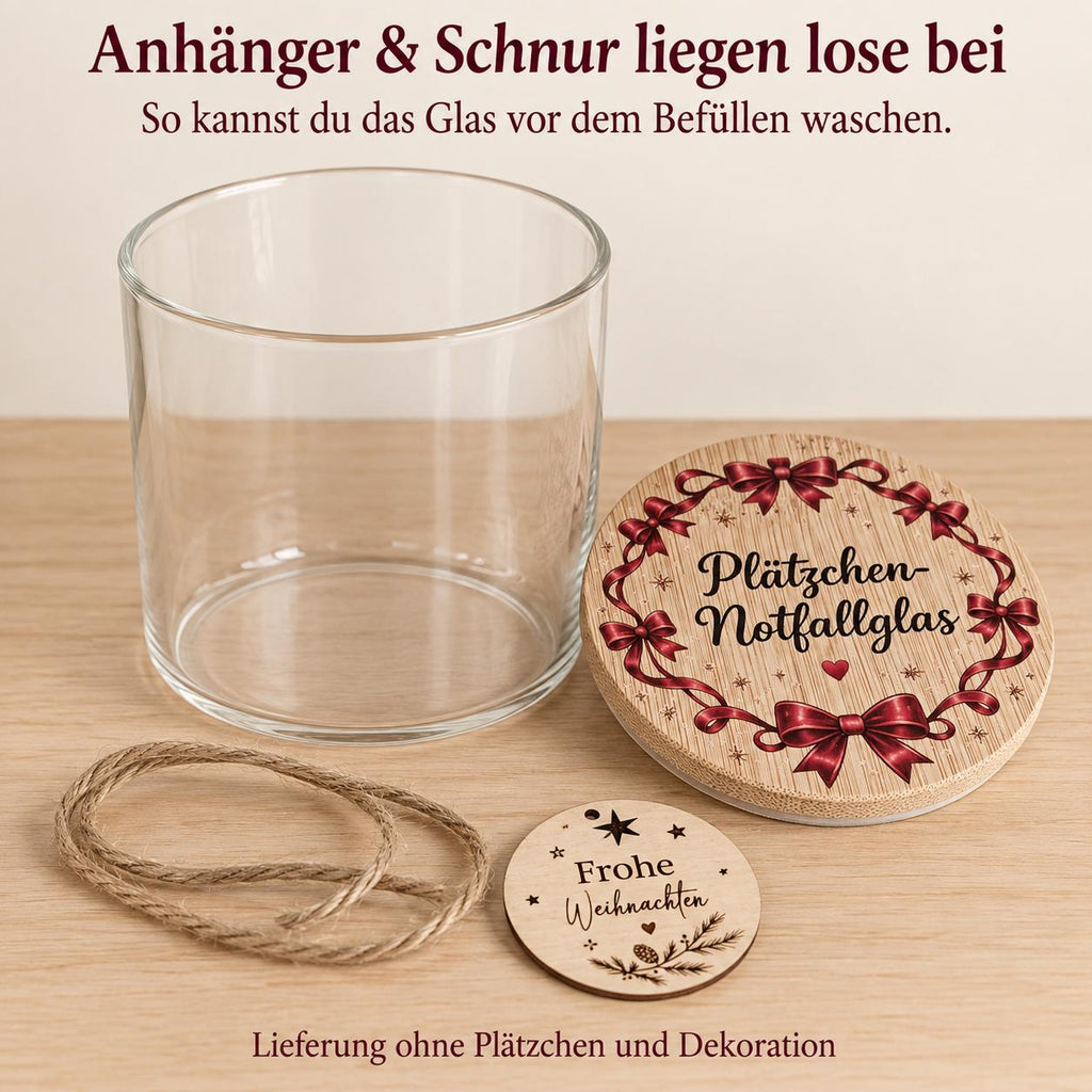 Lieferumfang: Glas, Holzdeckel mit roten Schleifen, Anhänger und Schnur liegen lose bei