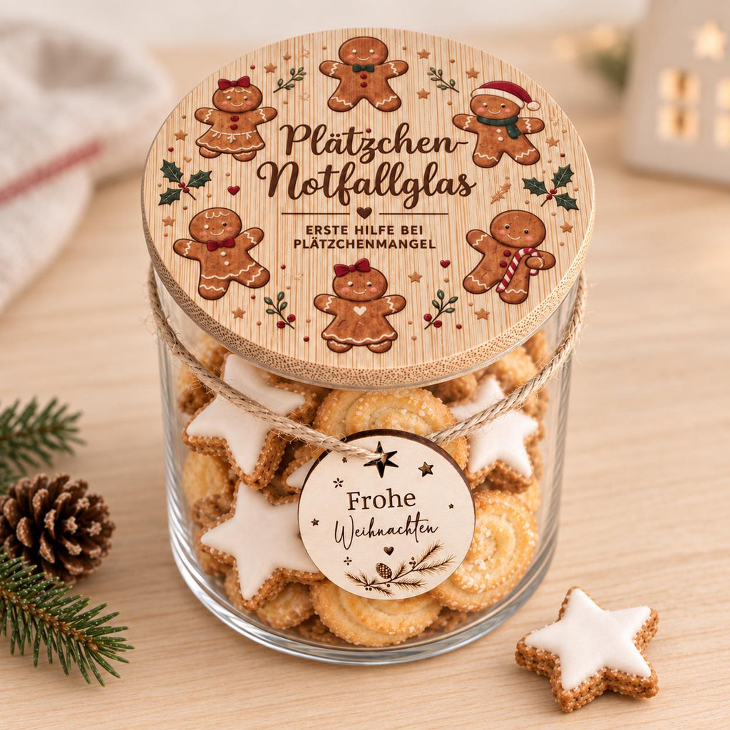 Keksdose Weihnachten mit Lebkuchenmotiv und Anhänger Frohe Weihnachten, gefüllt mit Plätzchen