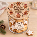 Keksdose Weihnachten mit Lebkuchenmotiv und Anhänger Frohe Weihnachten, gefüllt mit Plätzchen