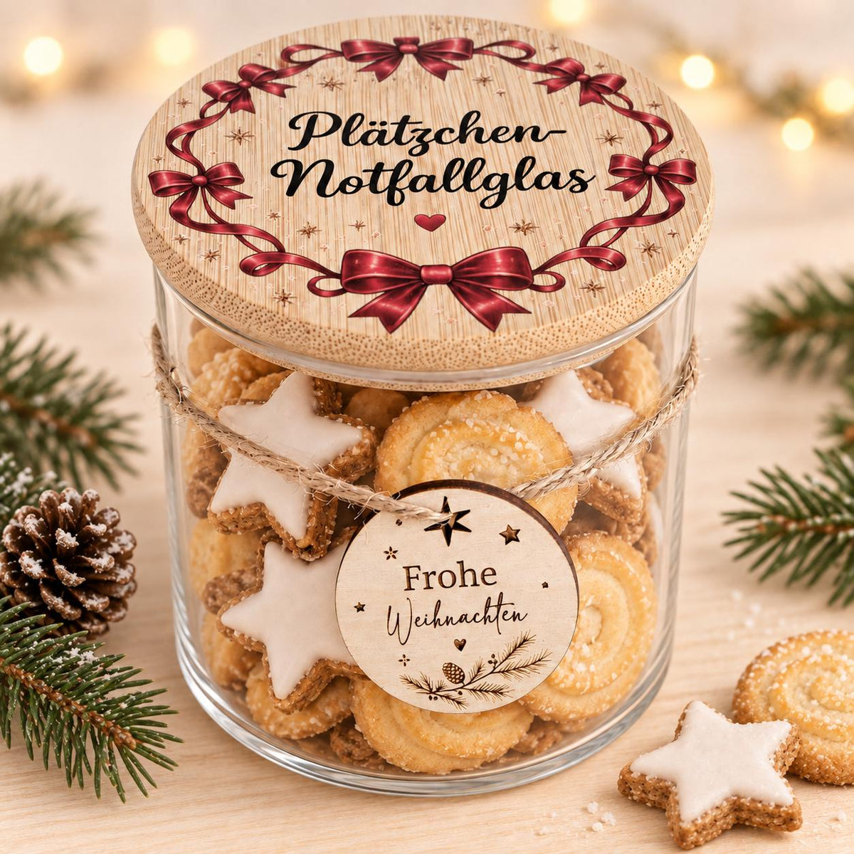 Keksdose Weihnachten mit roten Schleifen und Anhänger Frohe Weihnachten, gefüllt mit Plätzchen