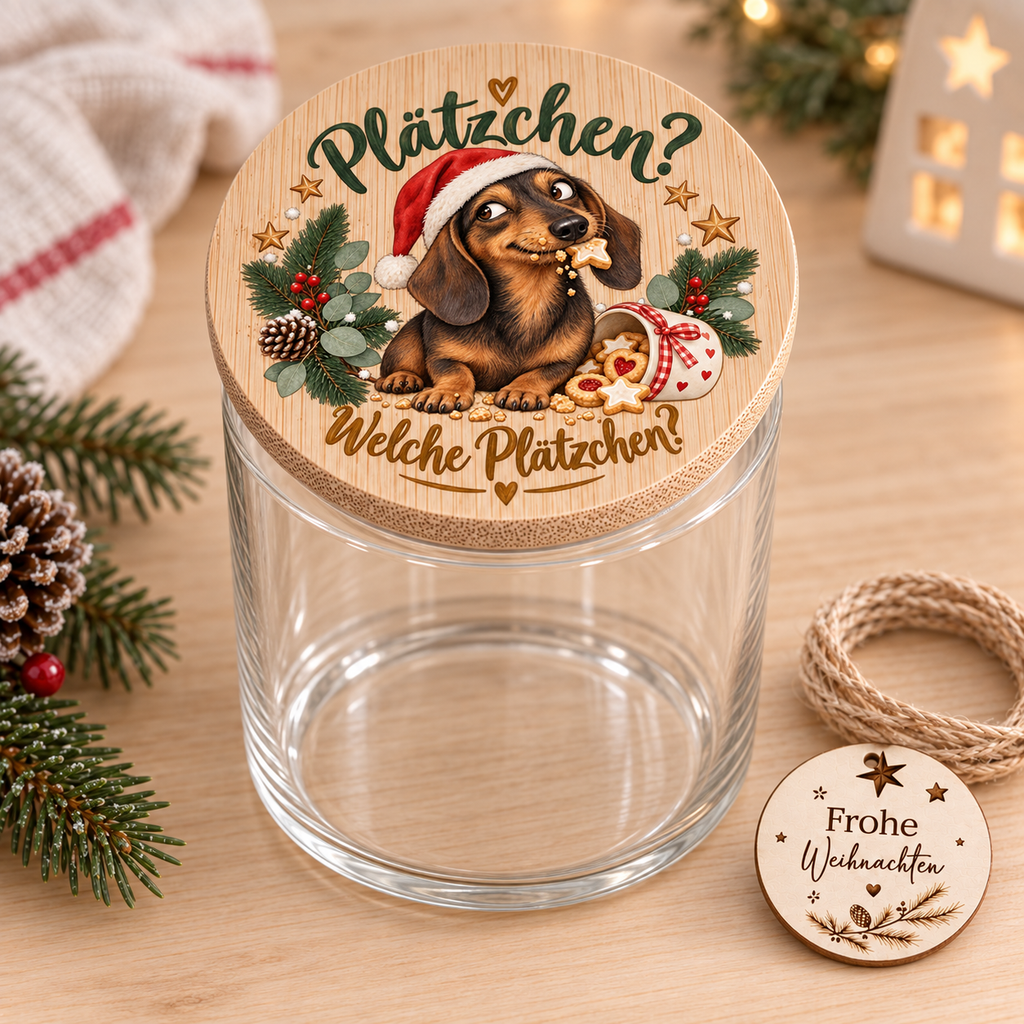 Vorratsglas 500 ml mit Weihnachtsdackel auf dem Deckel