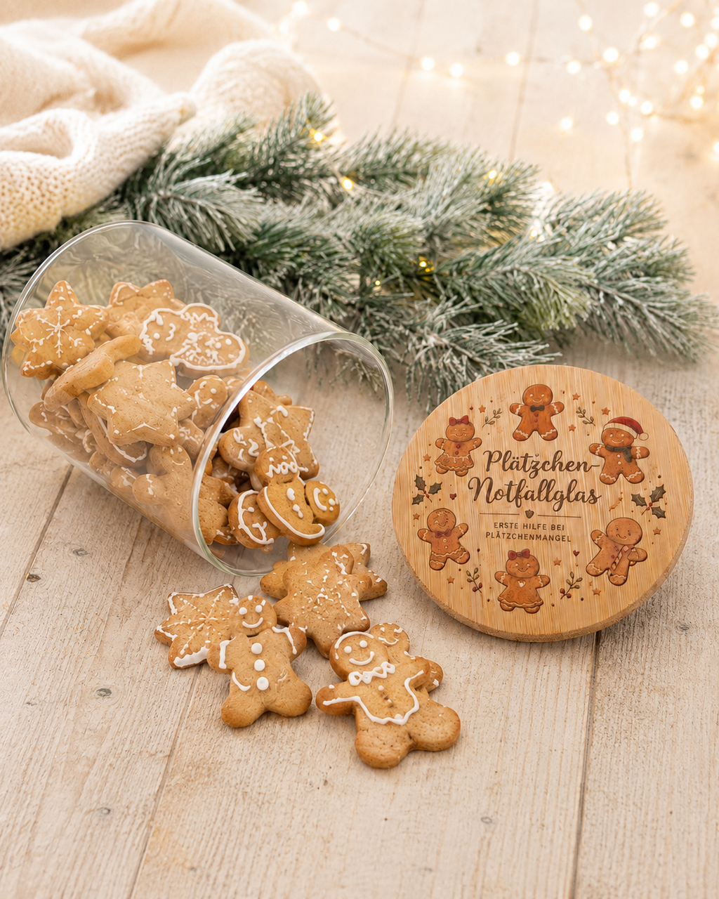 Gefüllte Weihnachts-Keksdose aus Glas mit Lebkuchenplätzchen und Holzdeckel „Plätzchen Notfallglas“