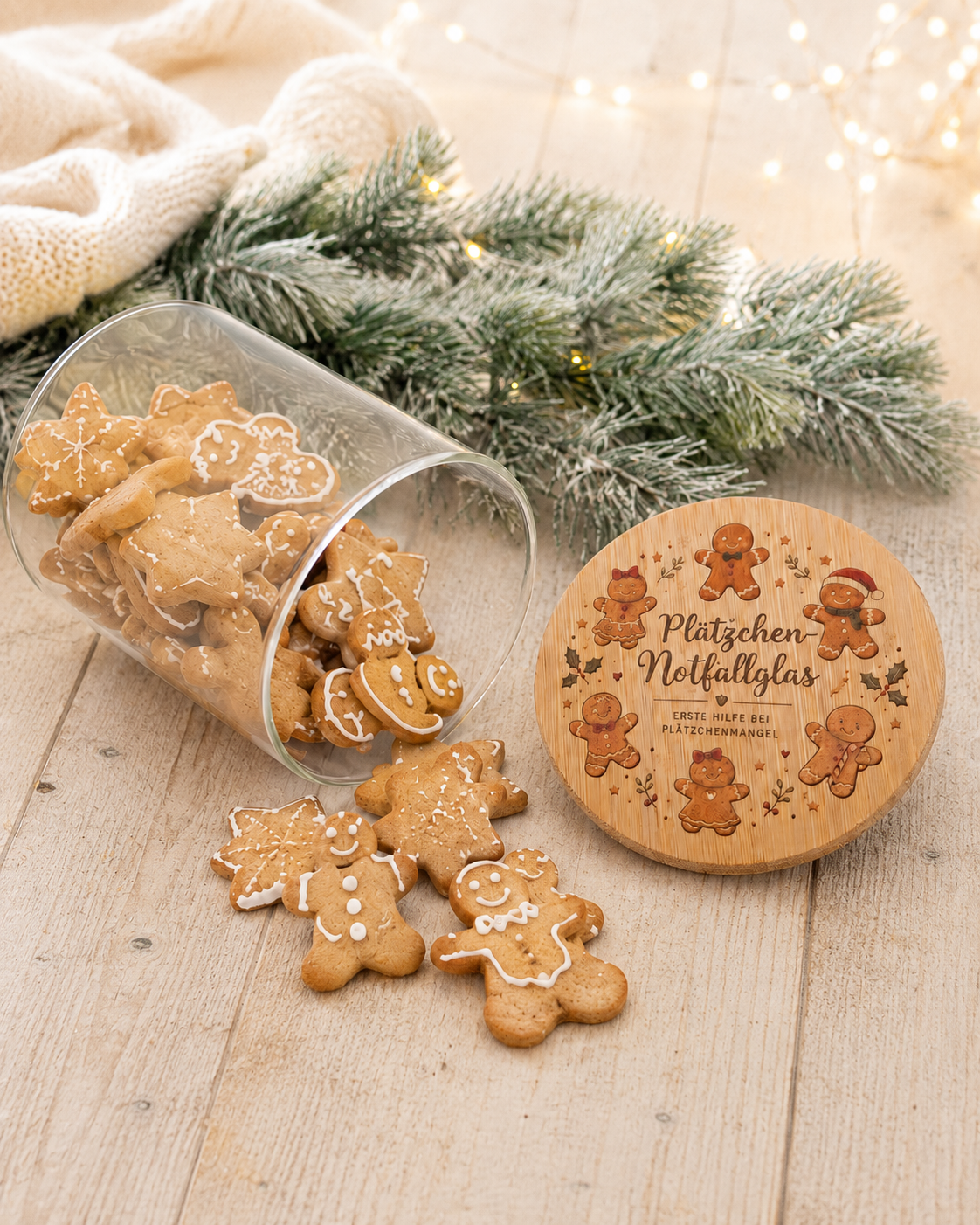 Gefüllte Weihnachts-Keksdose aus Glas mit Lebkuchenplätzchen und Holzdeckel „Plätzchen Notfallglas“