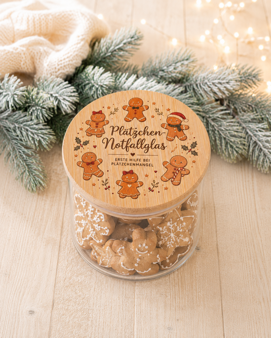 Keksdose Weihnachten aus Glas mit Lebkuchen-Holzdeckel „Plätzchen Notfallglas“