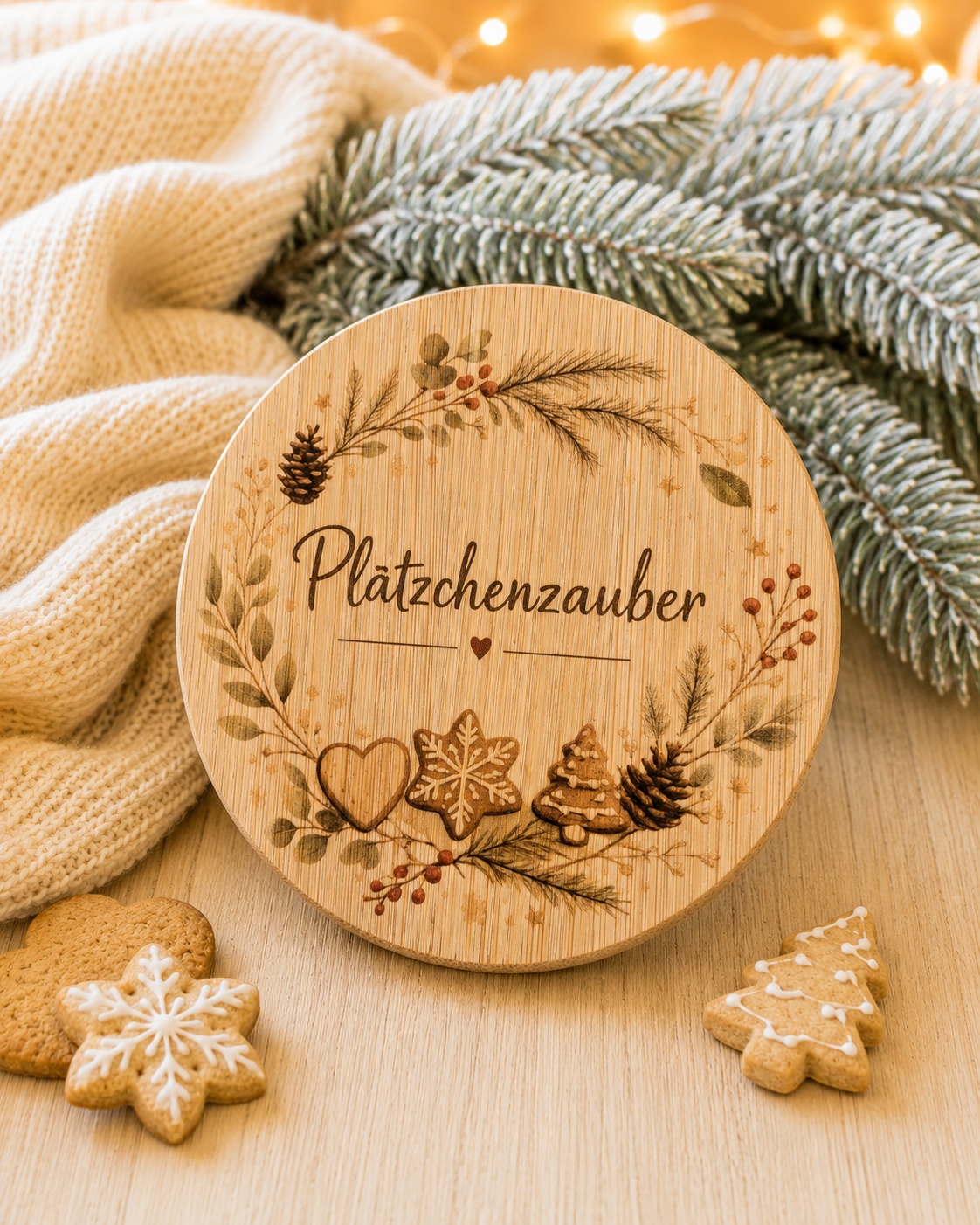 Holzdeckel der Weihnachts-Keksdose mit Aufschrift „Plätzchenzauber“ und Zweigen