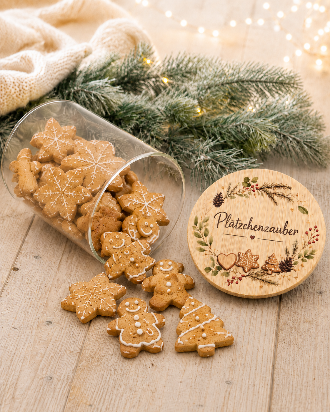 Keksdose Weihnachten aus Glas mit Holzdeckel „Plätzchenzauber“ und Lebkuchen