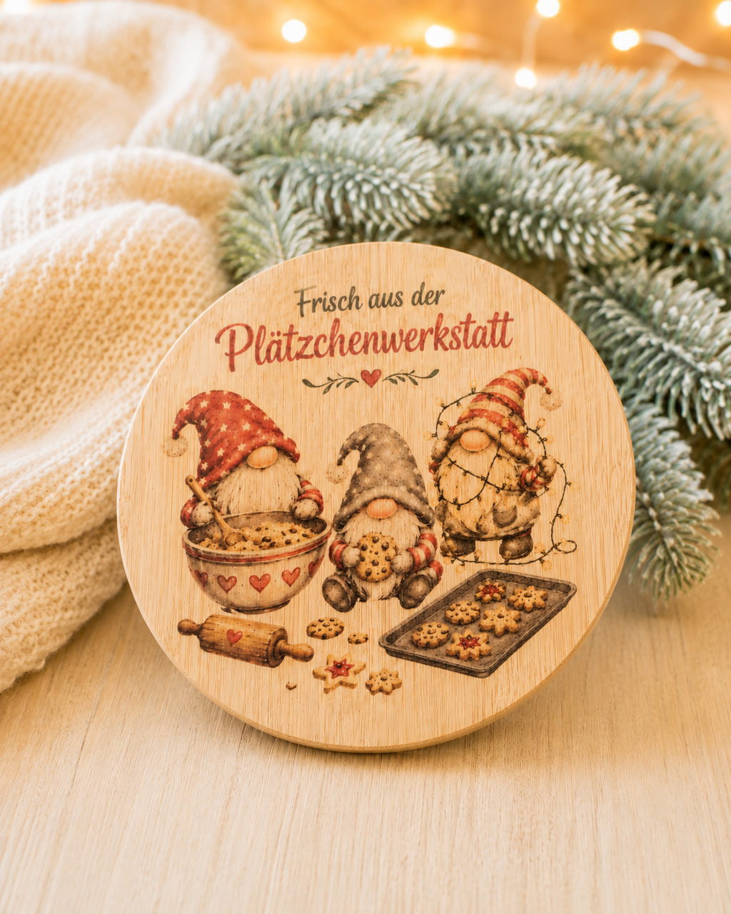 Holzdeckel der Keksdose mit drei Weihnachtswichteln und Aufschrift „Plätzchenwerkstatt“