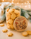 Keksdose Weihnachten aus Glas mit Wichtel-Holzdeckel „Frisch aus der Plätzchenwerkstatt“