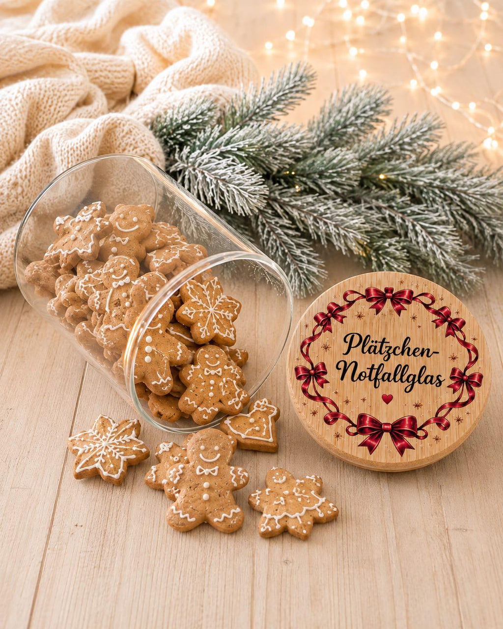 Offene Keksdose mit Lebkuchen und Holzdeckel mit roten Schleifen