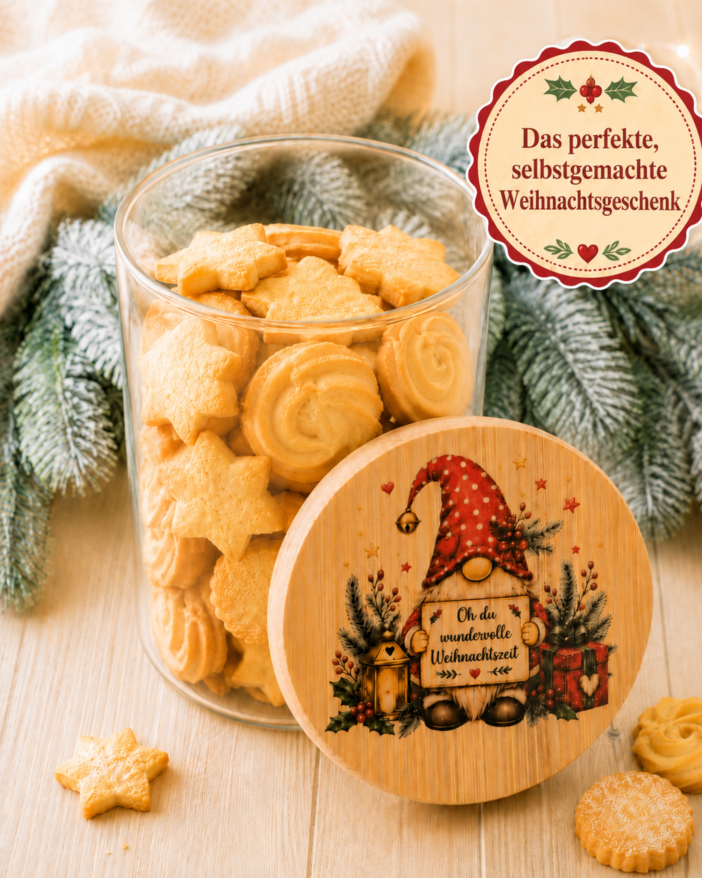 Offene Keksdose aus Glas mit selbstgebackenen Plätzchen und Wichtel-Holzdeckel