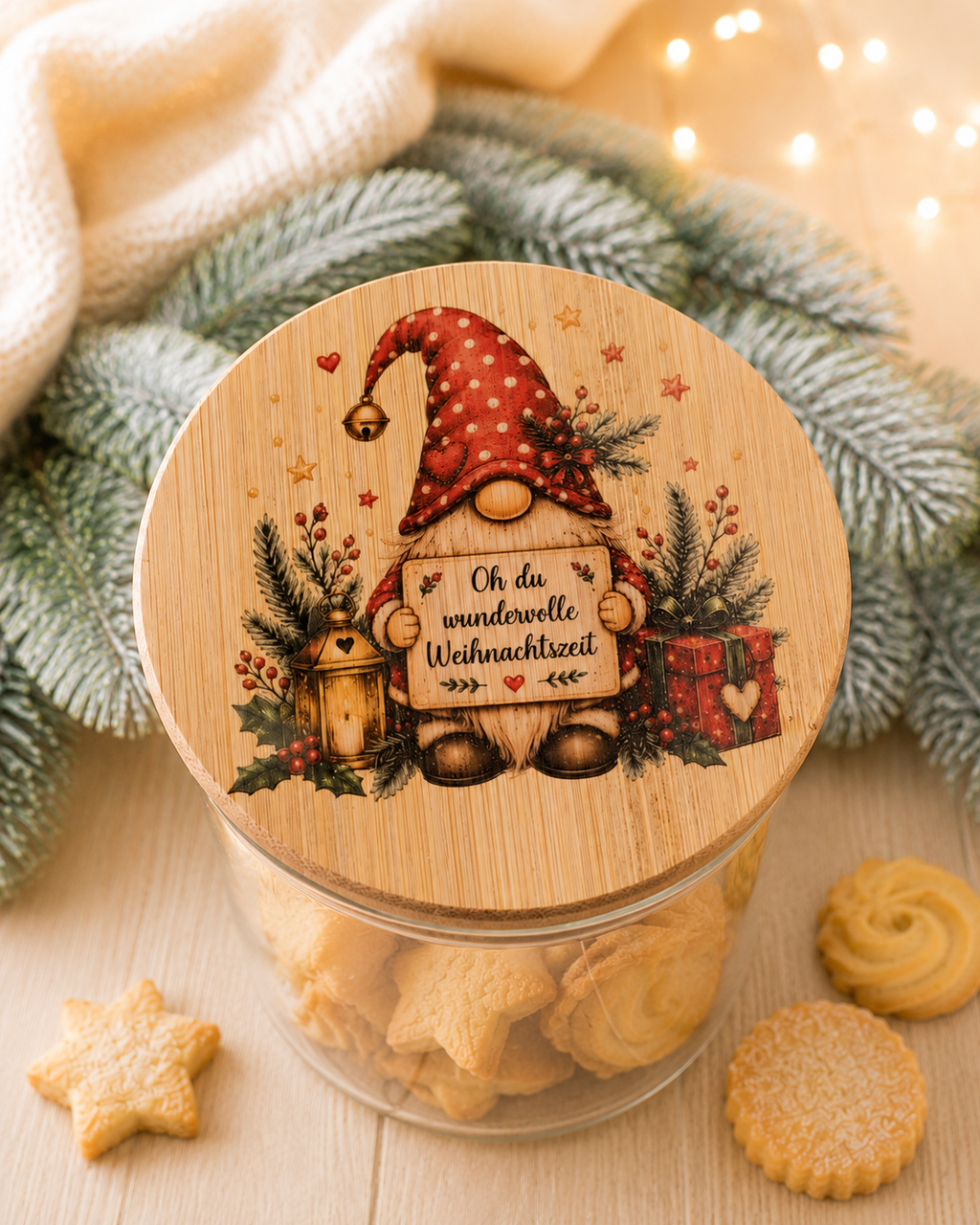 Keksdose Weihnachten aus Glas mit Wichtelmotiv und Aufschrift „Oh du wundervolle Weihnachtszeit“
