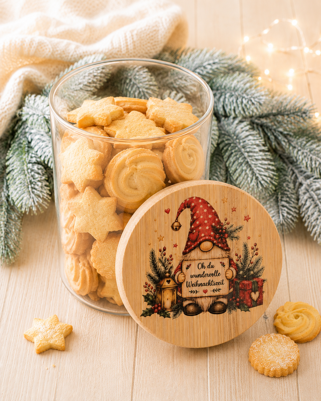 Offene Keksdose aus Glas mit Weihnachtsplätzchen neben Wichtel-Holzdeckel