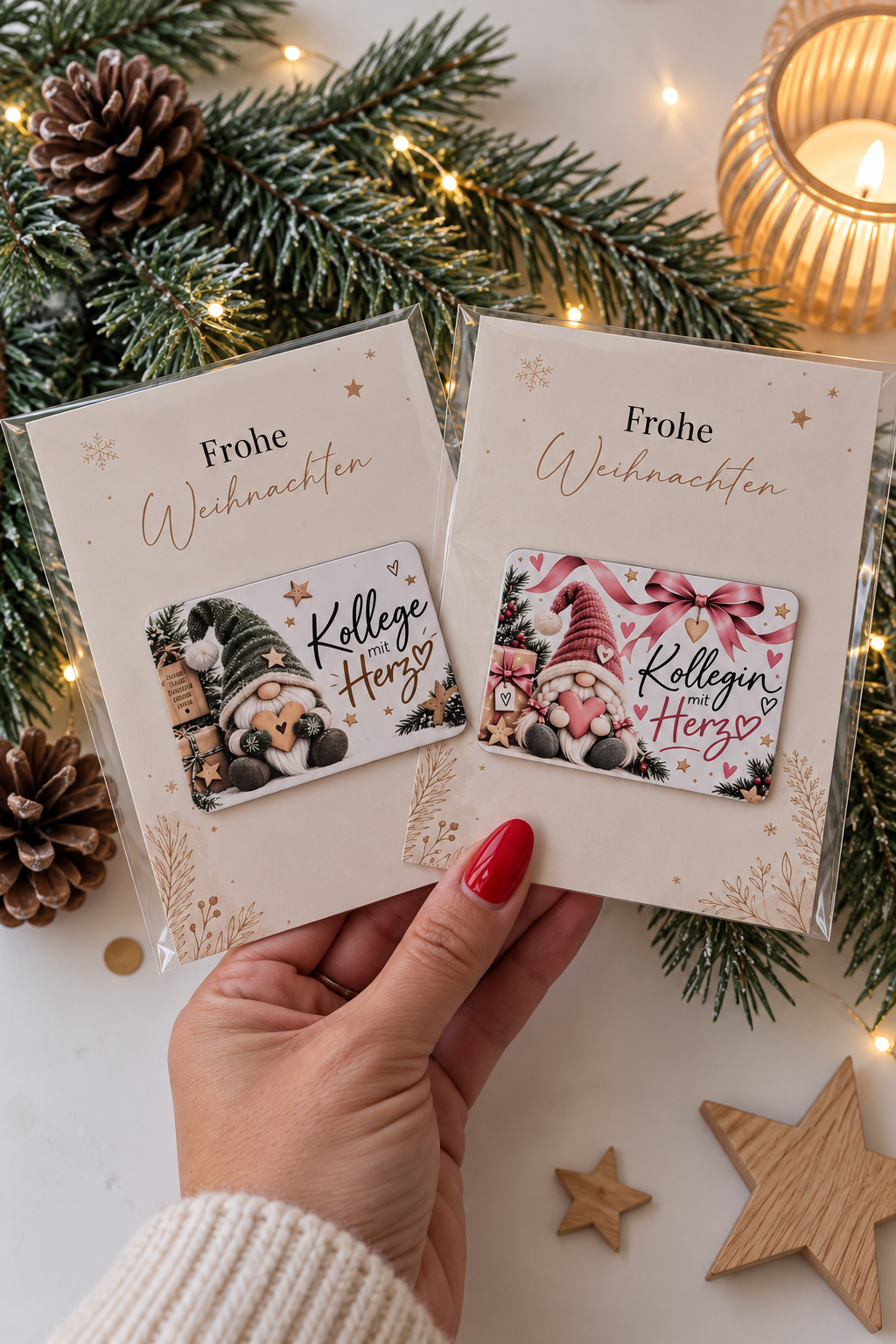 Weihnachtskarte für Kollegin oder Kollegen mit Herz-Magnet