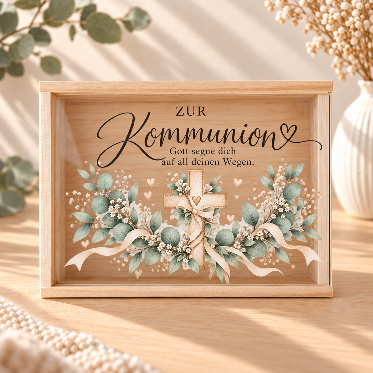 Holzbox mit Kreuz und Eukalyptus als Erinnerungsbox nach der Kommunion