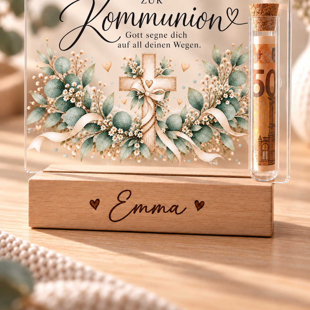Kommunion Geschenk personalisiert: Holzsockel mit Namensgravur, Motiv Kreuz