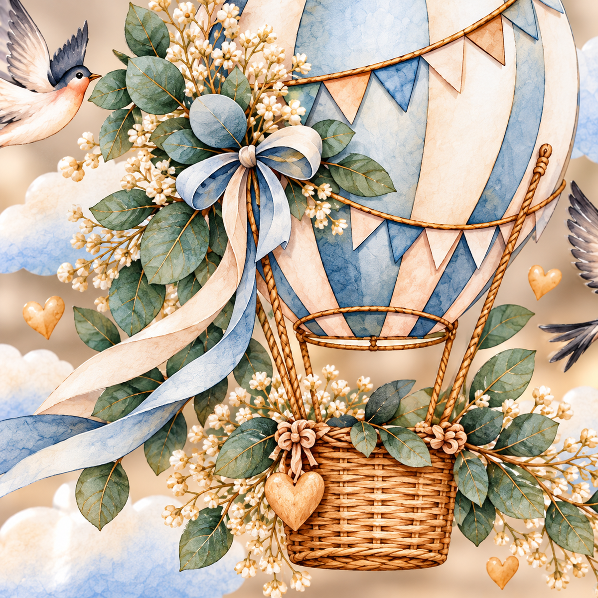Motivdetail: Heißluftballon mit Wimpelkette, Schwalben, Wolken und Eukalyptus