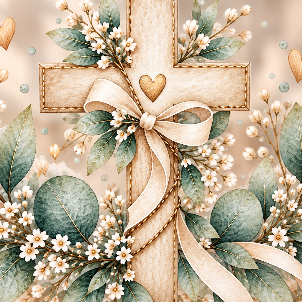 Motivdetail: Kreuz mit Schleife, Eukalyptus und Schleierkraut in Aquarelloptik