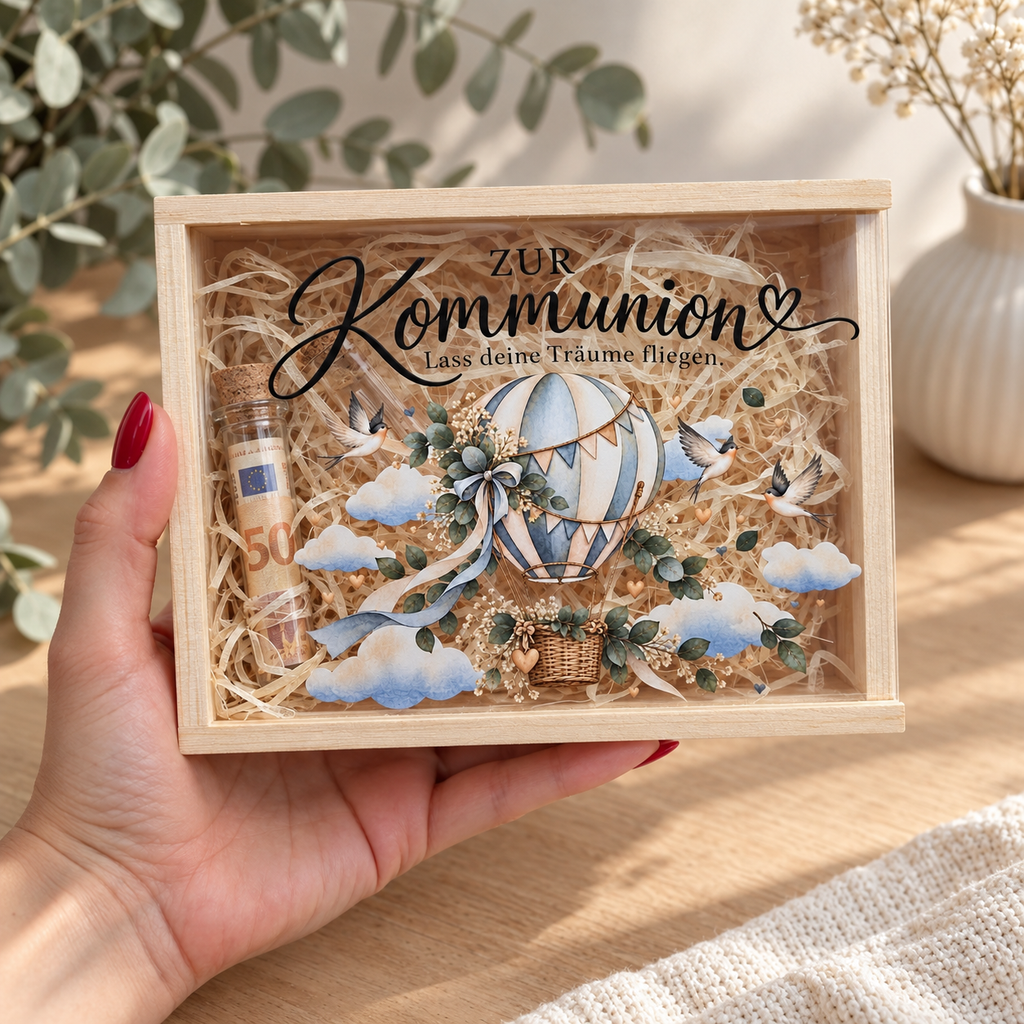 Kommunionsgeschenk in Holzbox mit Heißluftballon in der Hand