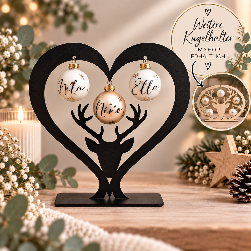 Weitere Kugelhalter im Shop: Herz mit Hirsch in Schwarz für drei Weihnachtskugeln