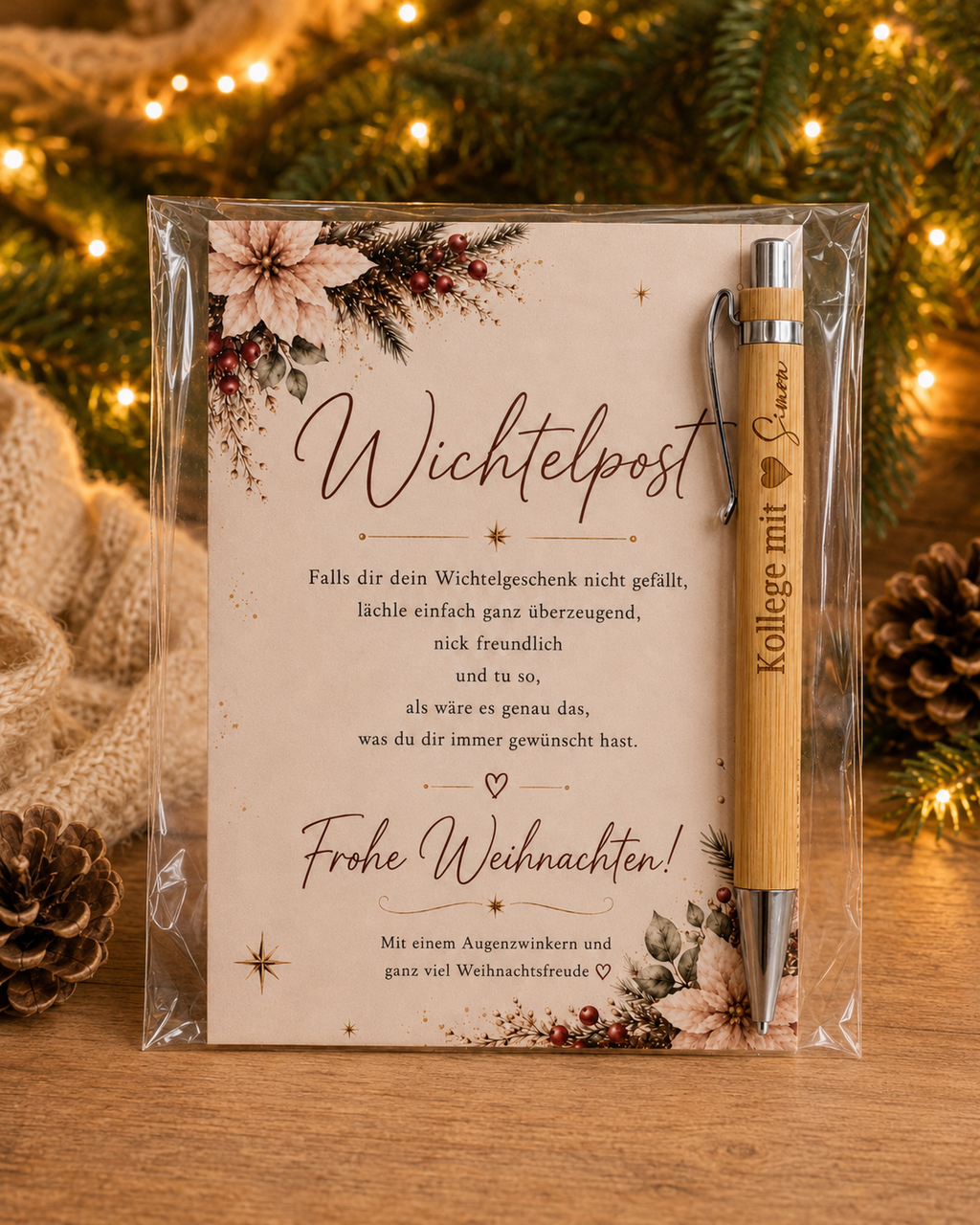 Wichtelpost-Karte mit lustigem Spruch und personalisiertem Kugelschreiber in Klarsichthülle