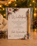 Wichtelpost-Karte mit lustigem Spruch und personalisiertem Kugelschreiber in Klarsichthülle