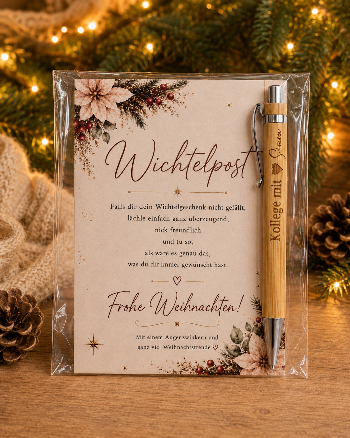 Wichtelpost-Karte mit lustigem Spruch und personalisiertem Kugelschreiber in Klarsichthülle