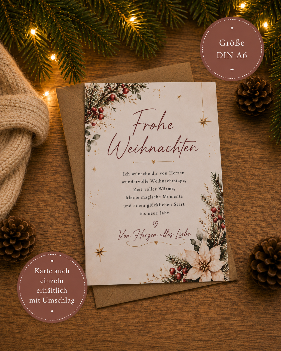 Weihnachtskarte „Frohe Weihnachten“ im Format DIN A6 mit Umschlag, auch einzeln erhältlich