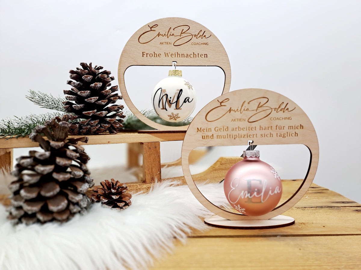 Personalisierter Holz-Kugelhalter als Kundengeschenk Weihnachten